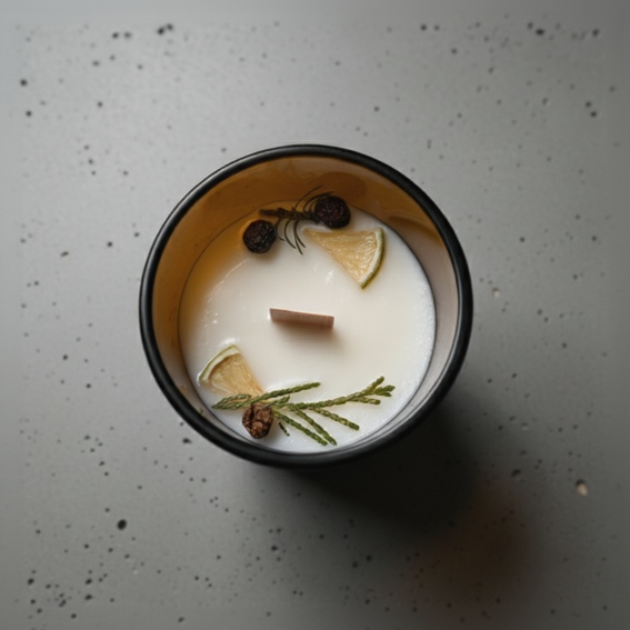 Candle in a black container with decorative elements on a speckled gray surface