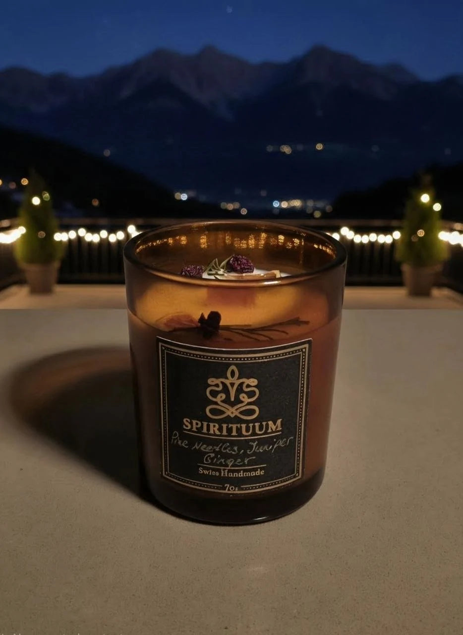 Spirituum Candle in front of a mountainous landscape at night.
